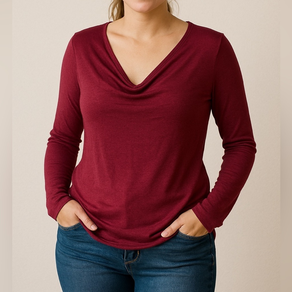 Women's Burgundy Long Sleeve Top with Zippers on the Shoulders